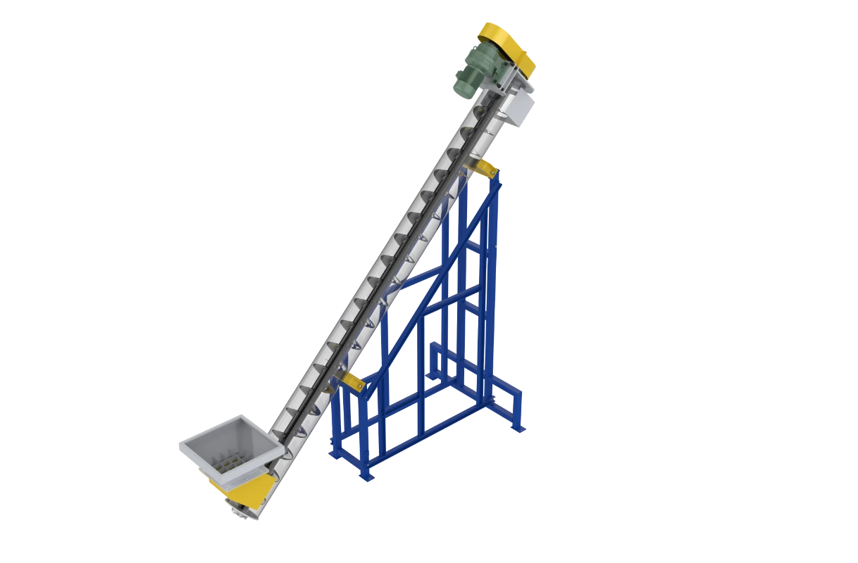 Cette image montre un système de convoyeur à vis, une machine industrielle conçue pour transporter des matériaux en vrac. Il se compose d'un long tube incliné avec une lame de vis hélicoïdale rotative à l'intérieur. Les matériaux sont introduits dans la trémie à la base, où la vis rotative les déplace jusqu'au point de déchargement. Le moteur en haut alimente le mécanisme à vis et le cadre fournit un support structurel. Ce type de convoyeur est utilisé pour transporter des matériaux en poudre ou granulaires comme des céréales, du ciment ou des granulés de plastique, que l'on trouve souvent dans les usines de recyclage, de transformation des aliments ou de fabrication.