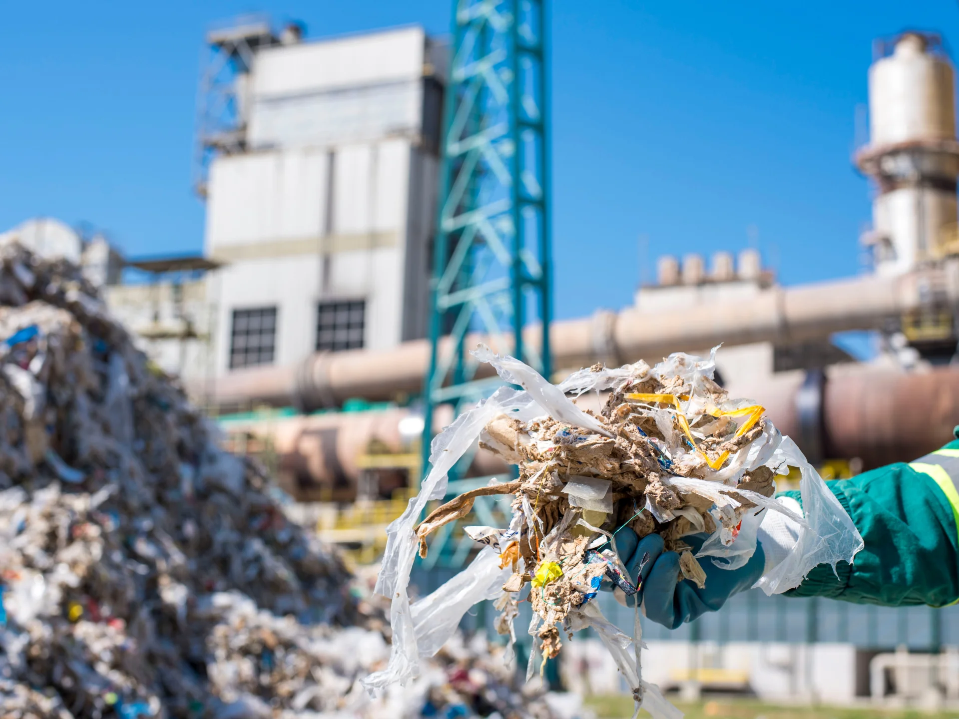 Esta imagen muestra un primer plano de una persona sosteniendo un montón de materiales de desecho, incluidos diversos plásticos, con una pila de desechos y una instalación industrial al fondo. Parece representar un entorno relacionado con la gestión de residuos o el reciclaje, posiblemente centrándose en la manipulación de plásticos mixtos o difíciles de reciclar. La instalación al fondo puede estar dedicada al procesamiento o reciclaje de residuos.