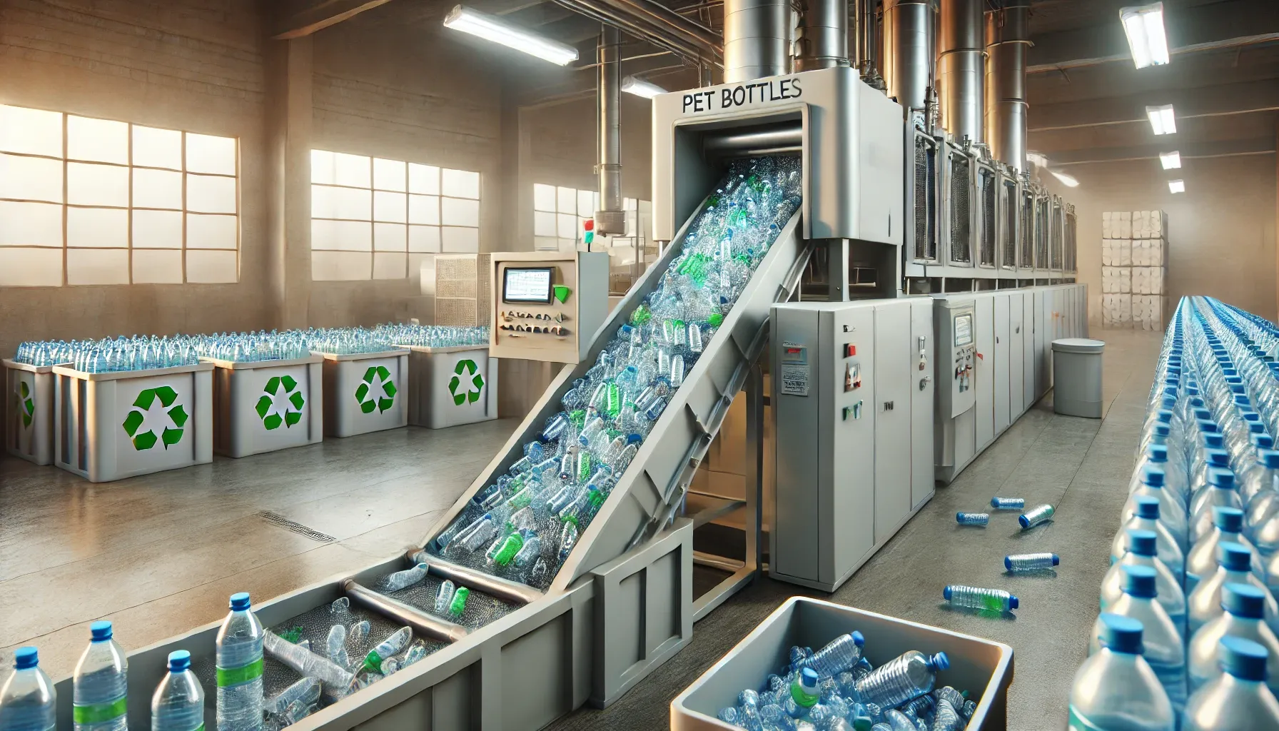 Recyclinganlage für Plastikflaschen, die PET-Flaschen verarbeitet.