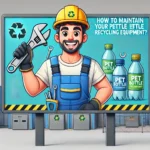 Man with wrench, recycling equipment, PET bottles.