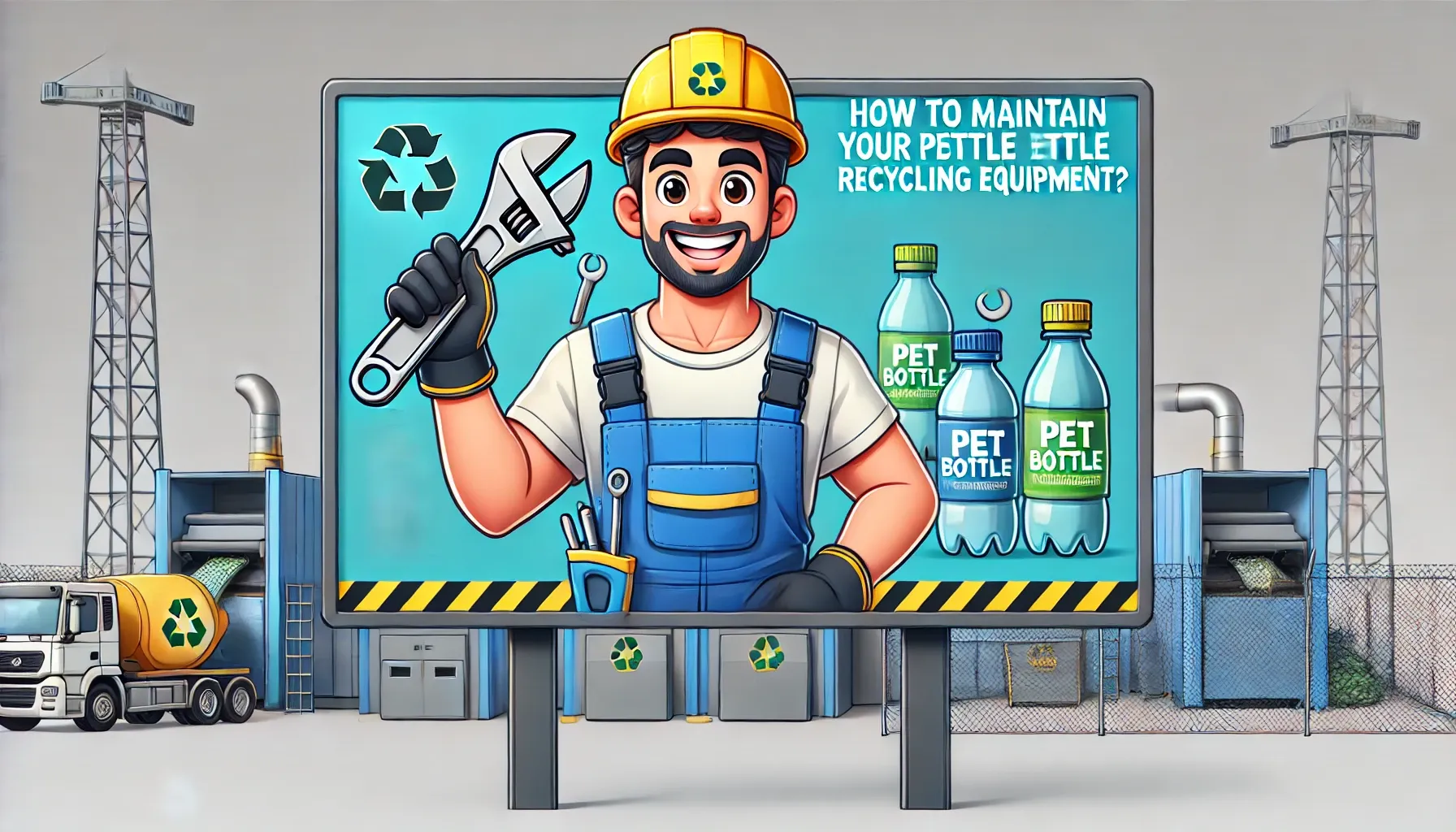 Man with wrench, recycling equipment, PET bottles.