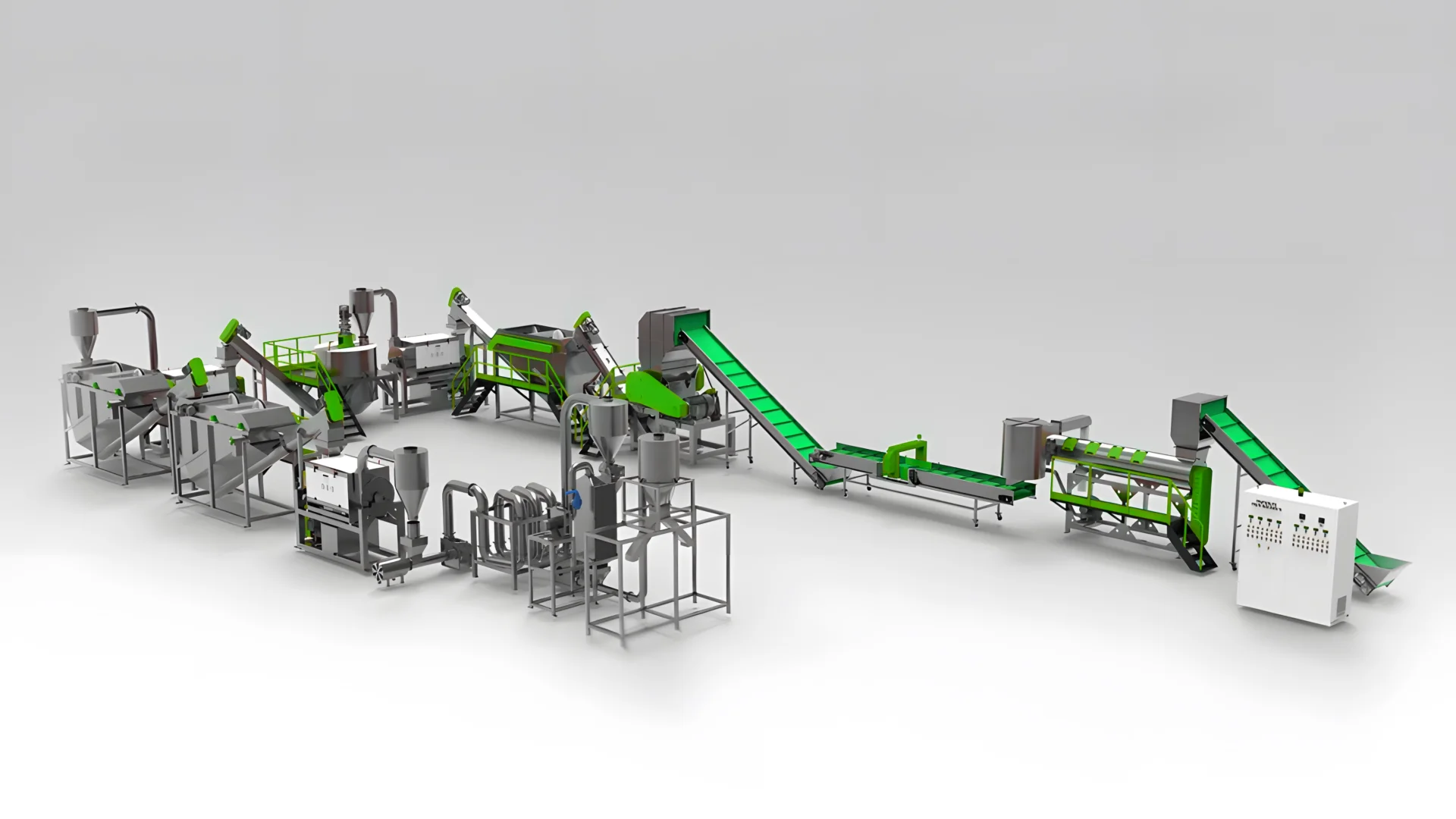 Industrial plastic recycling machinery setup