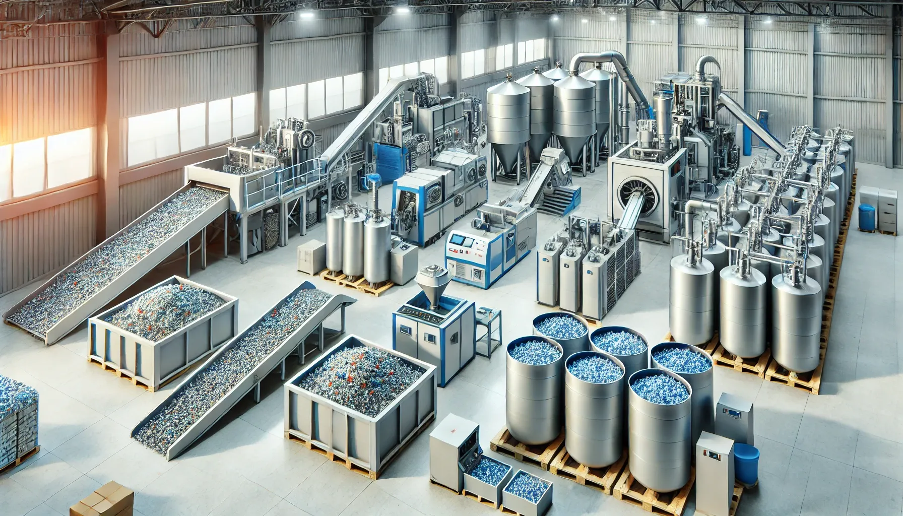 Modern plastic recycling factory interior with machinery