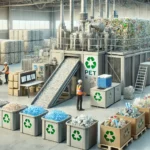 PET recycling facility with workers sorting materials.