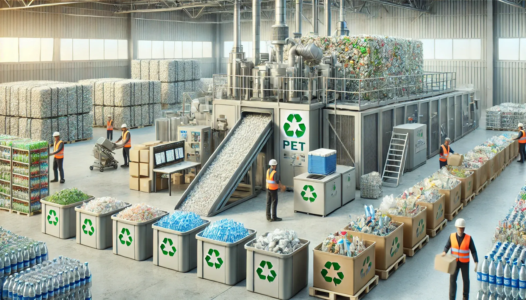 Instalación de reciclaje de PET con trabajadores clasificando materiales.