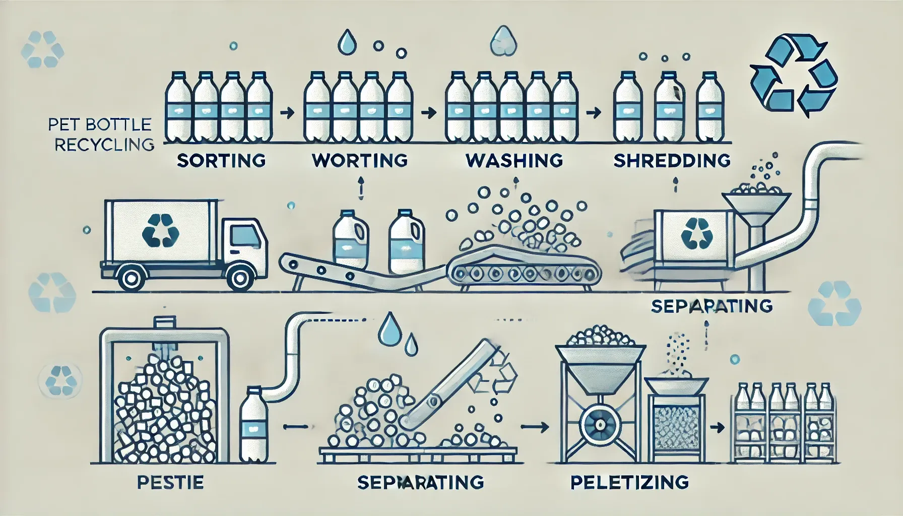 Ilustração do processo de reciclagem de garrafas PET.